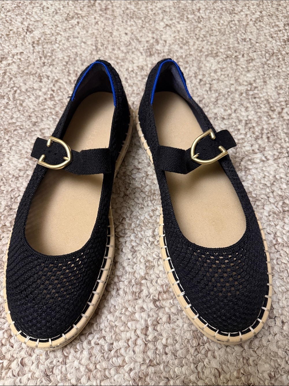 Black Knit Mary Jane Flats with Gold Buckle